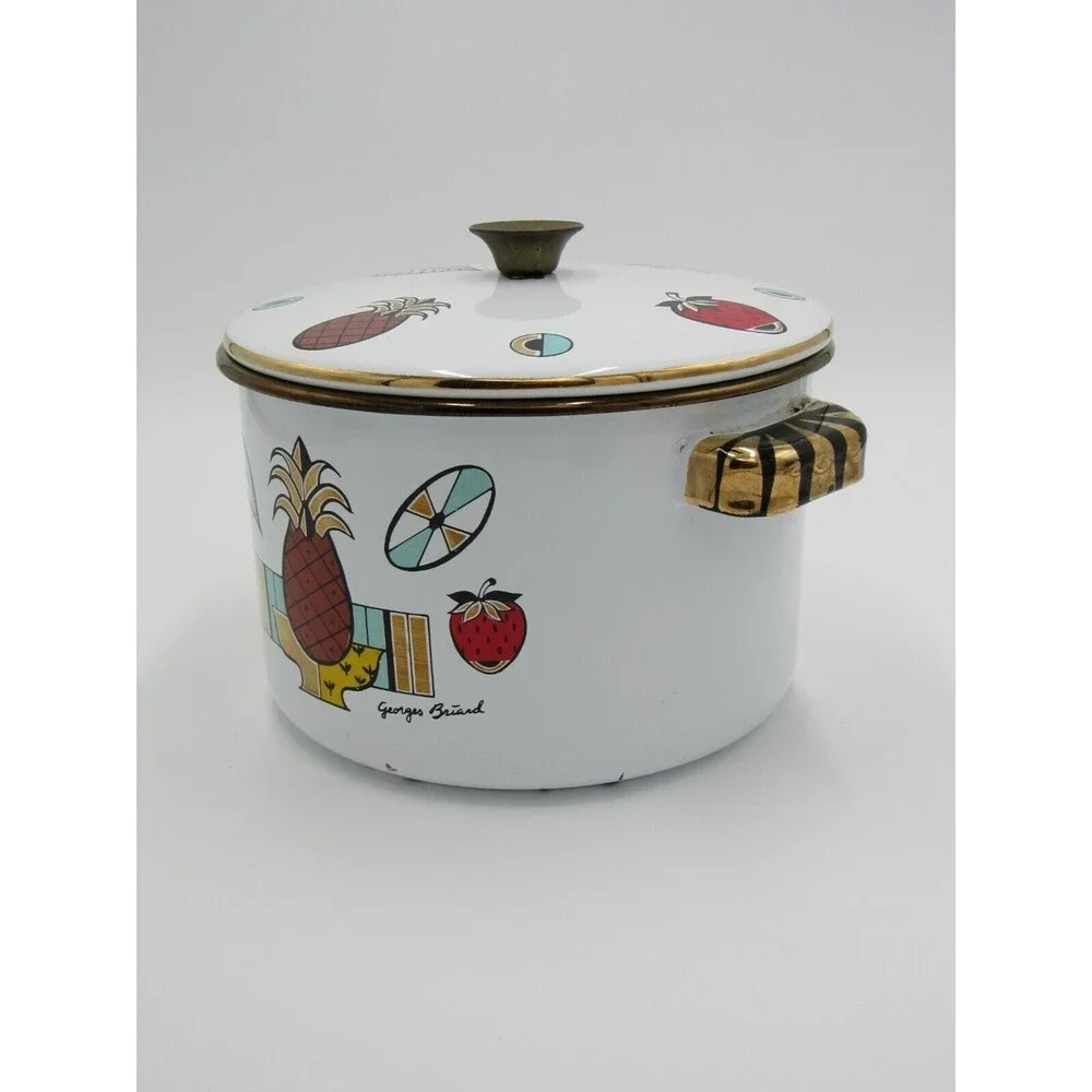 VTG MCM 2 qt Sauce Pot Georges Briard Ambrosia Pineapple Enamelware 60s Retro